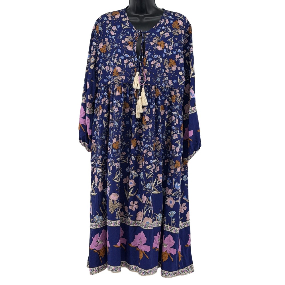 R. Vivimos Bohemian Dress Womens L Boho Tassel Keyhole Long Sleeve Maxi